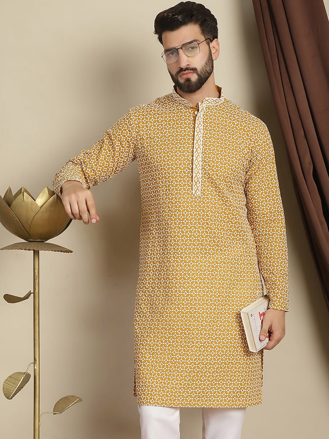 Anouk Geometric Printed Cotton Cermin Kerja Pathani Kurta