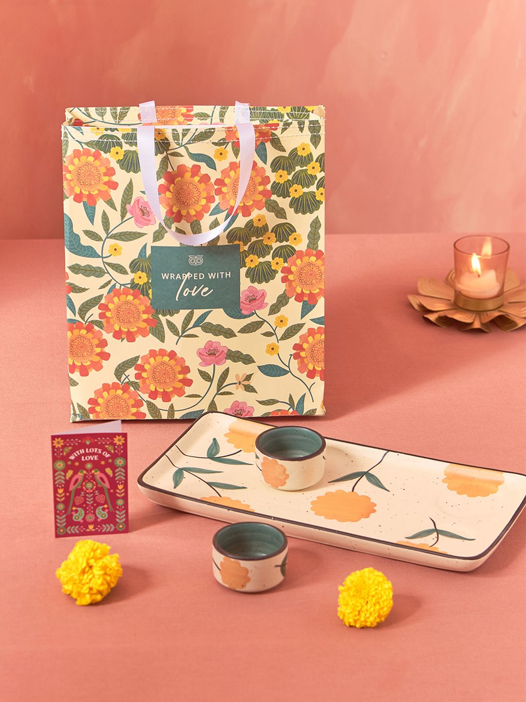 Chumbak White Marigold Handpainted Chip & Dip Platter