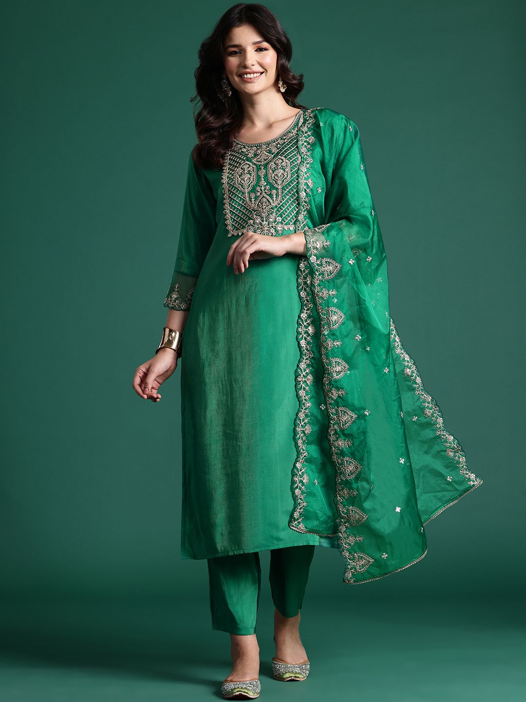 Indo Era Ethnic Motifs Zari Embroidered Kurta with Trousers & With Dupatta