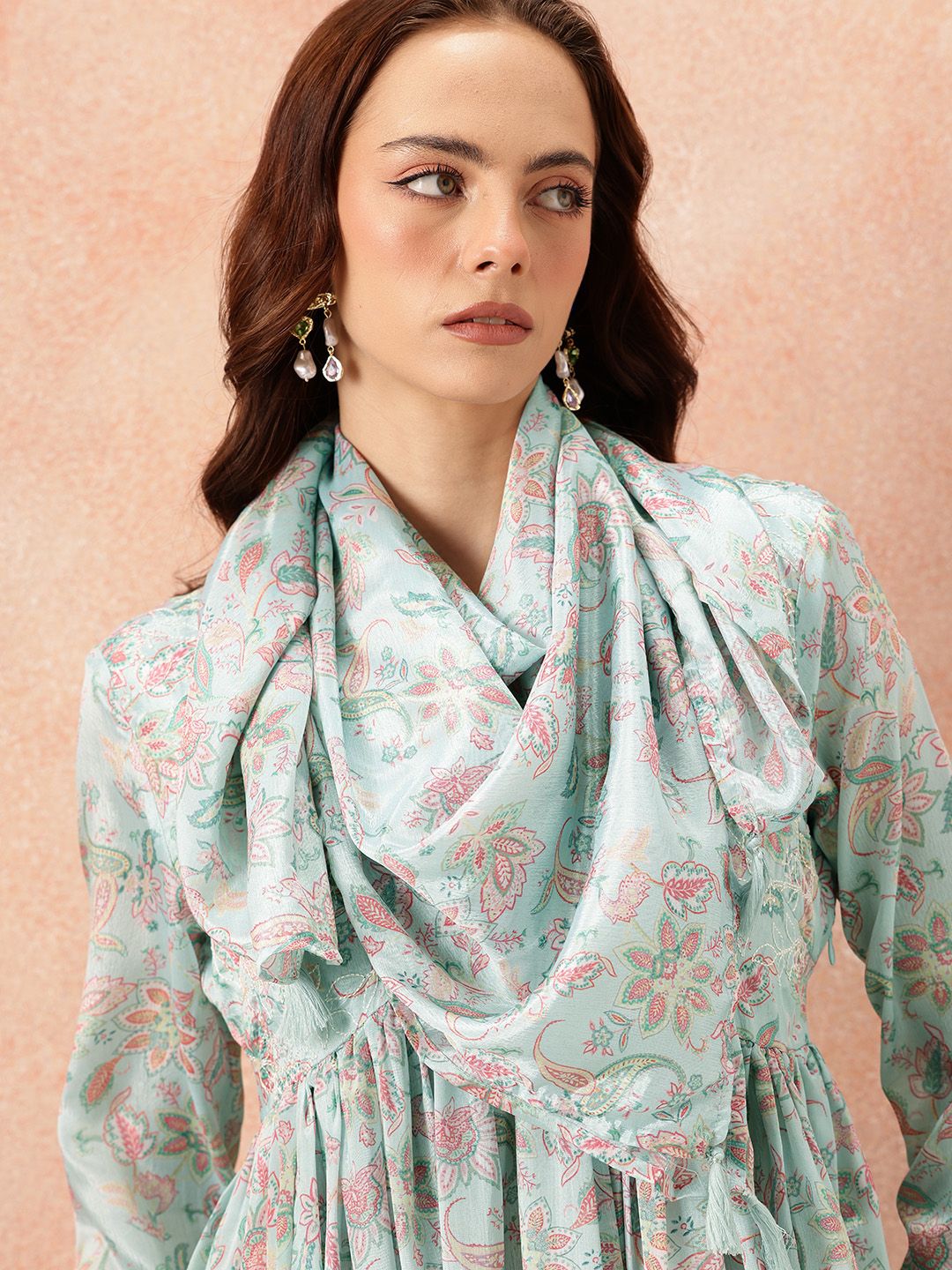 all about you Ethnic Motifs Printed Satin-Finish Festive Maxi Empire Dress with Scarf