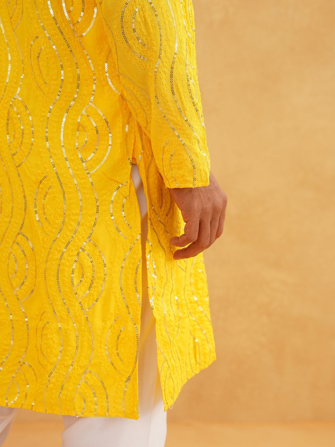 SOJANYA Quirky Sequins Embroidered Band Collar Pure Cotton Straight Long Kurta