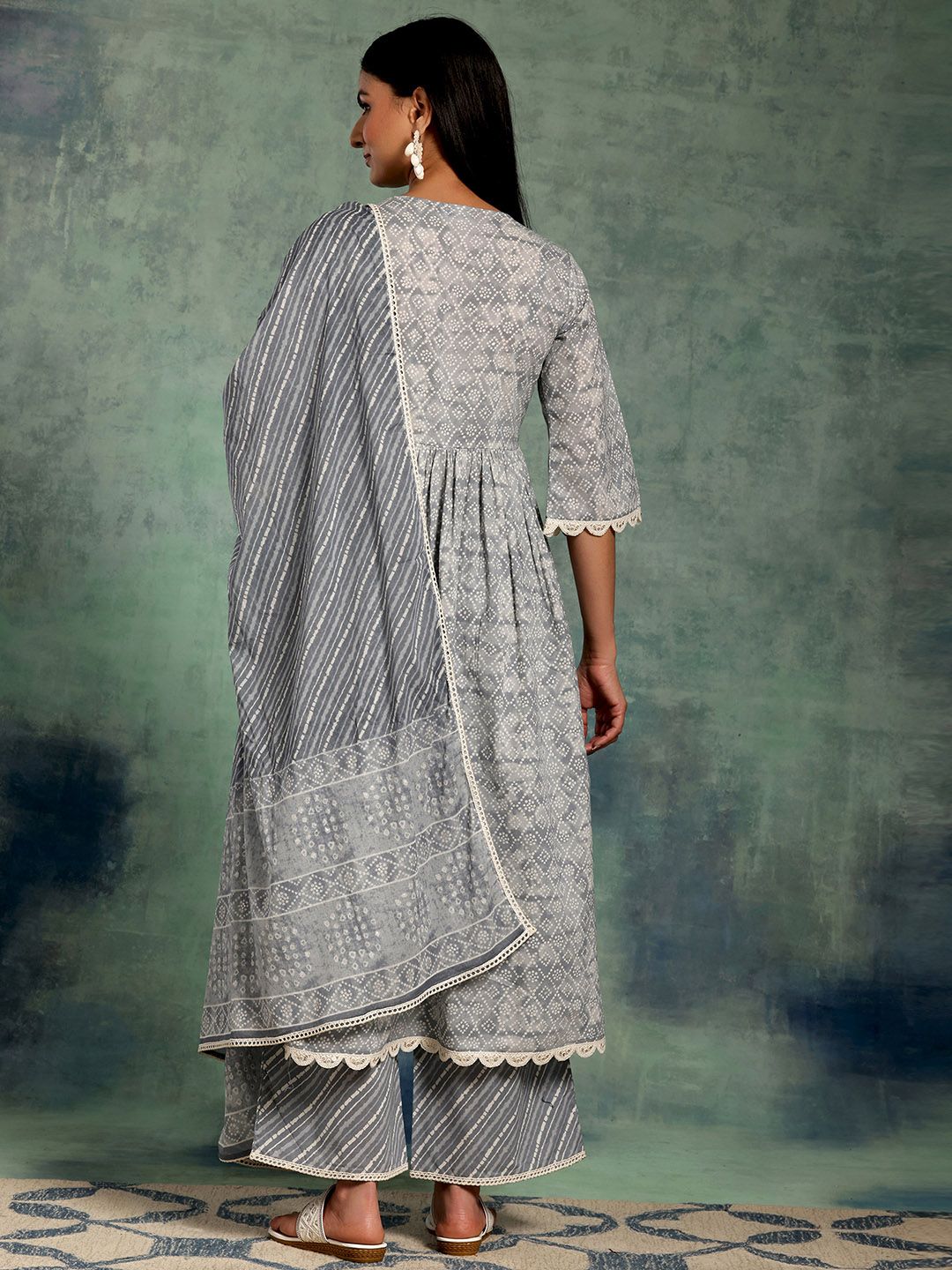 Libas Bandhani Printed Pleated Pure Cotton Kurta with Palazzos & With Dupatta