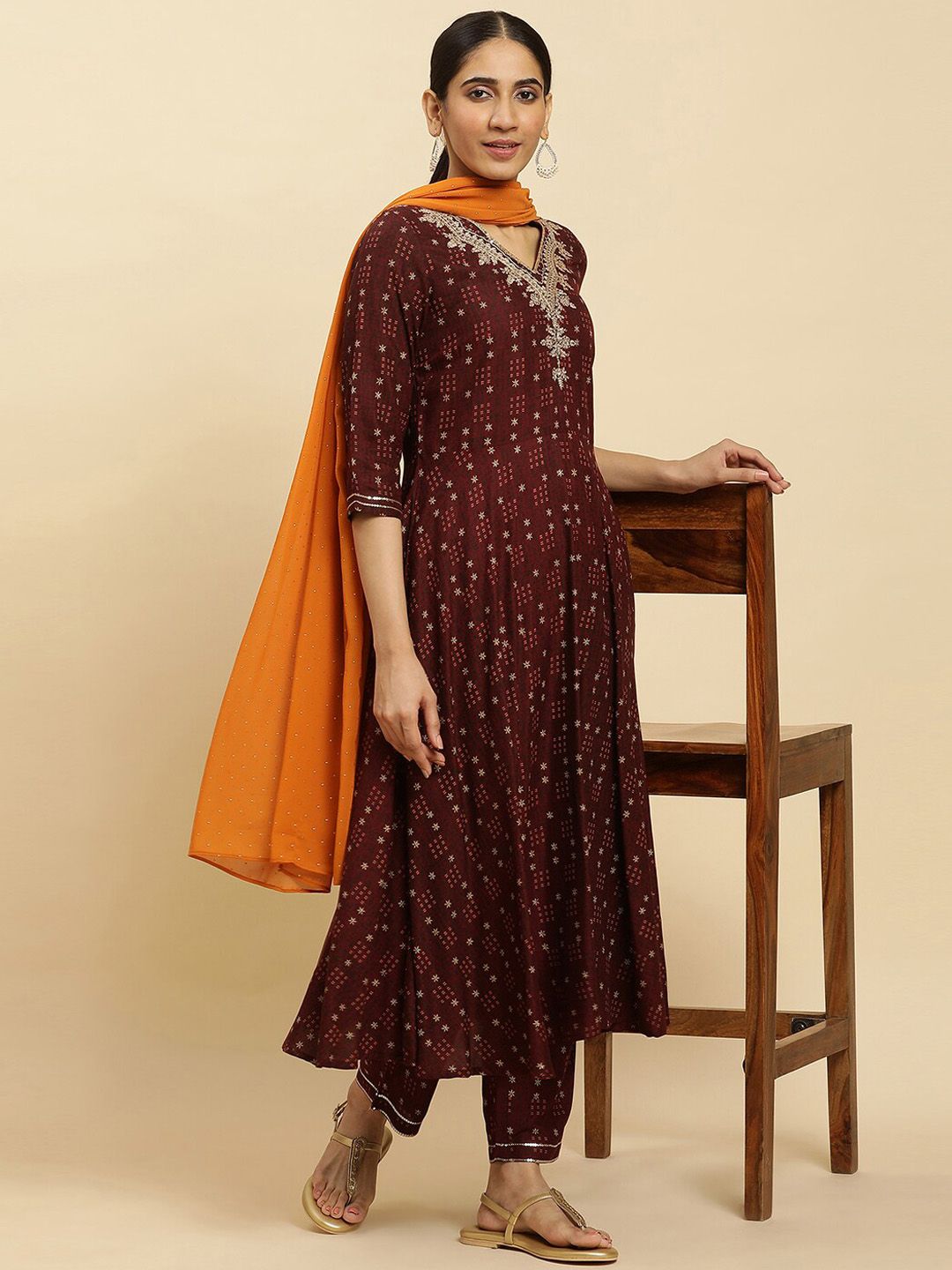 W Brown Ethnic Motifs Printed Thread Work Detailed A-Line Kurta & Trousers With Dupatta