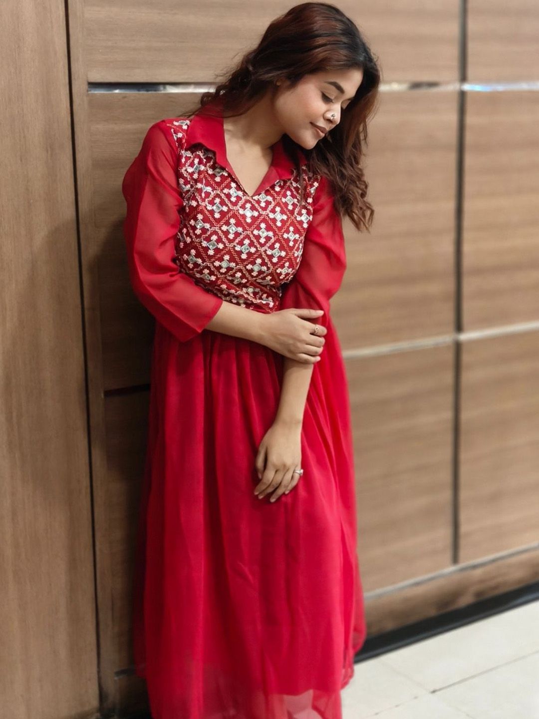 KALINI Woven Designed Embroidered Three Fourth Ethnic Dresses