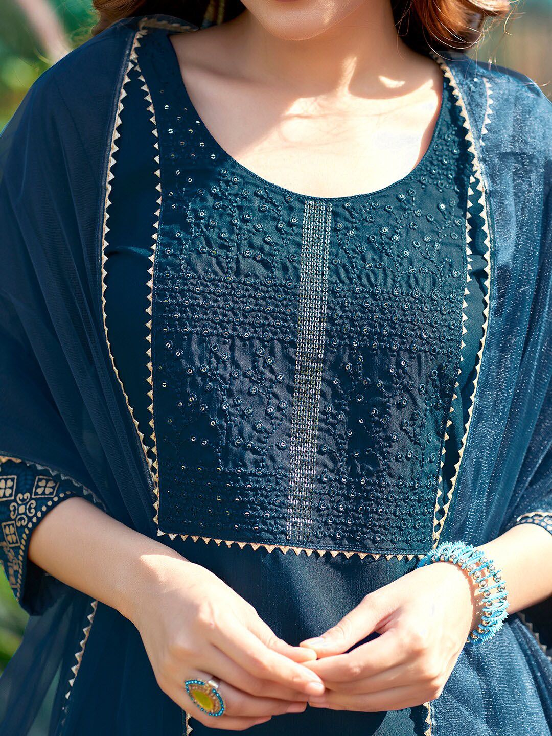 KALINI Yoke Design Sequinned Kurta with Trousers & Dupatta