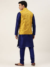 SOJANYA Men Navy Blue Solid Kurta with Churidar & Nehru Jacket