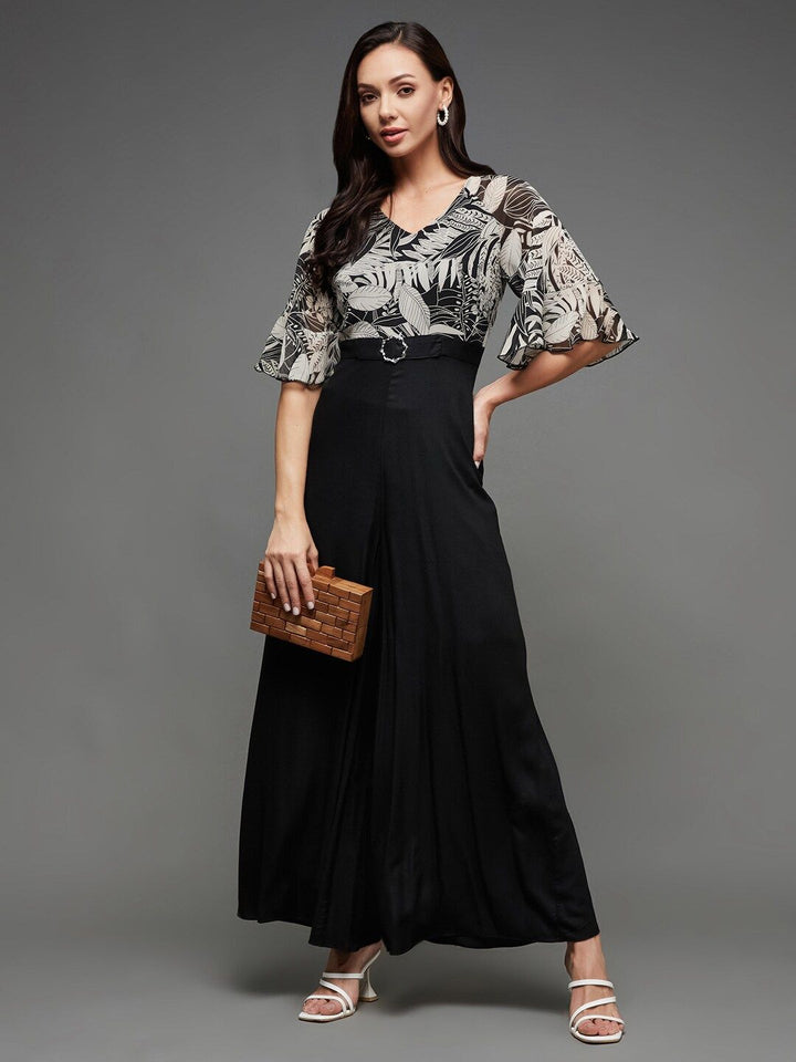 Miss Chase Black White Printed V-Neck Bell Sleeves Basic Jumpsuit
