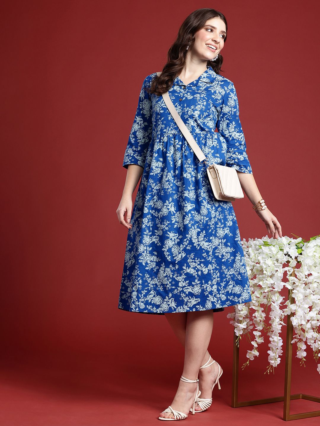 Anouk Floral Print Fit & Flare Midi Dress