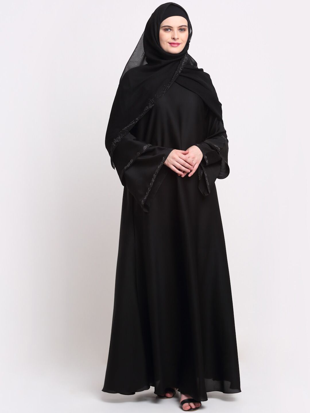 KLOTTHE Women Black & Silver-Coloured Embellished Burqas With Scarf