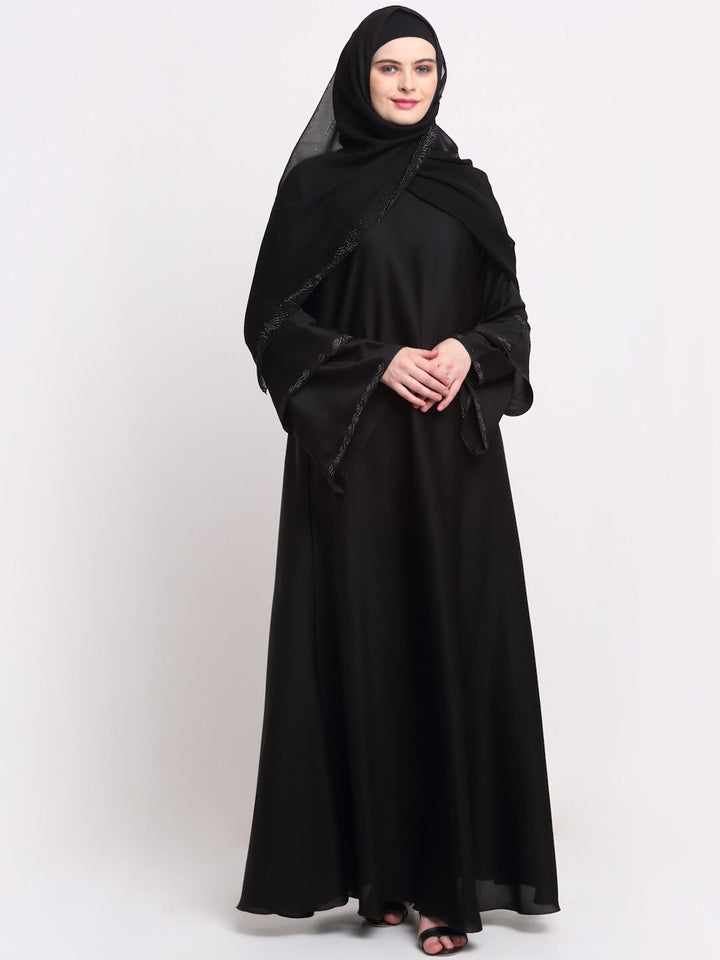 KLOTTHE Women Black & Silver-Coloured Embellished Burqas With Scarf