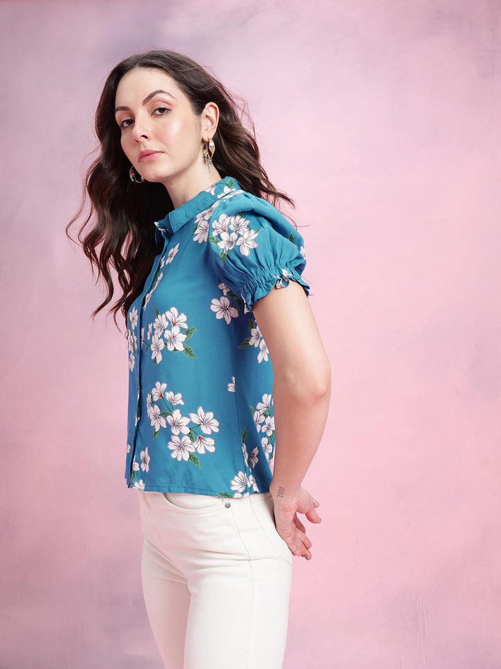 DressBerry Floral Print Puff Sleeves Shirt Style Top