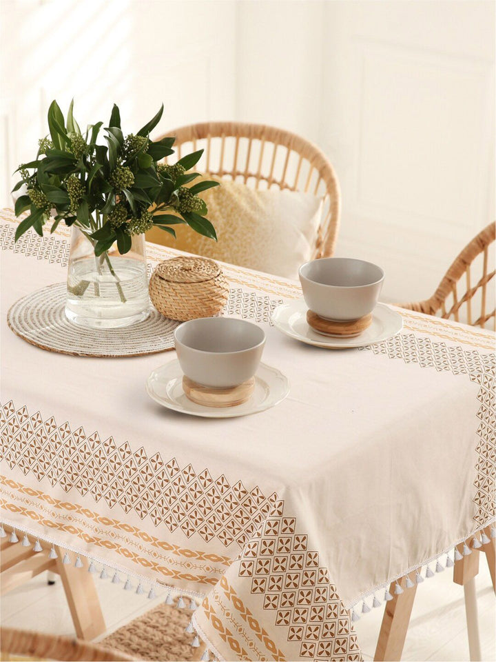 URBAN SPACE Cream-Colored Printed Pure Cotton 4-Seater Table Cover