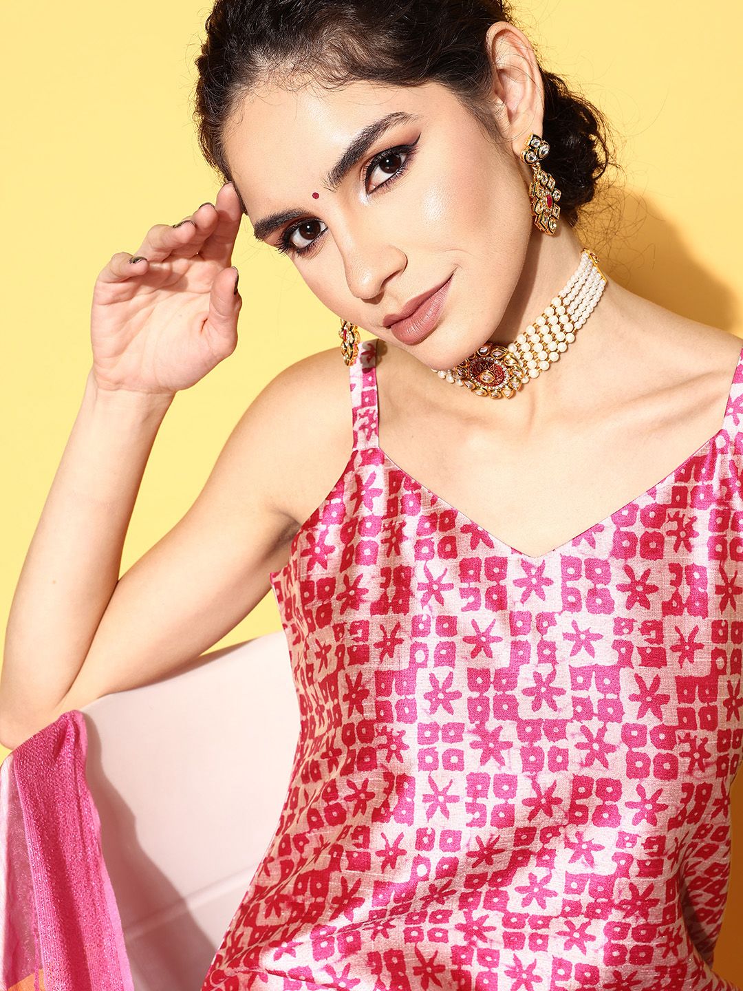 Varanga Women Abstract Tussar Silk Spaghetti Straps Kurta Set