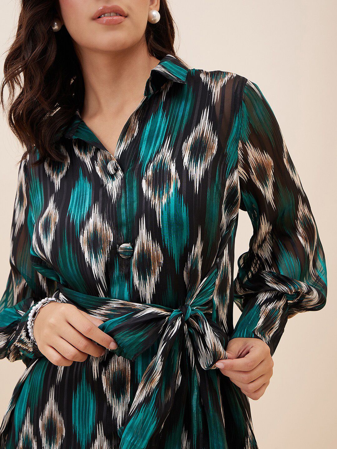 Antheaa Black & Teal Green Printed Front Tie-Up Shirt With Trousers
