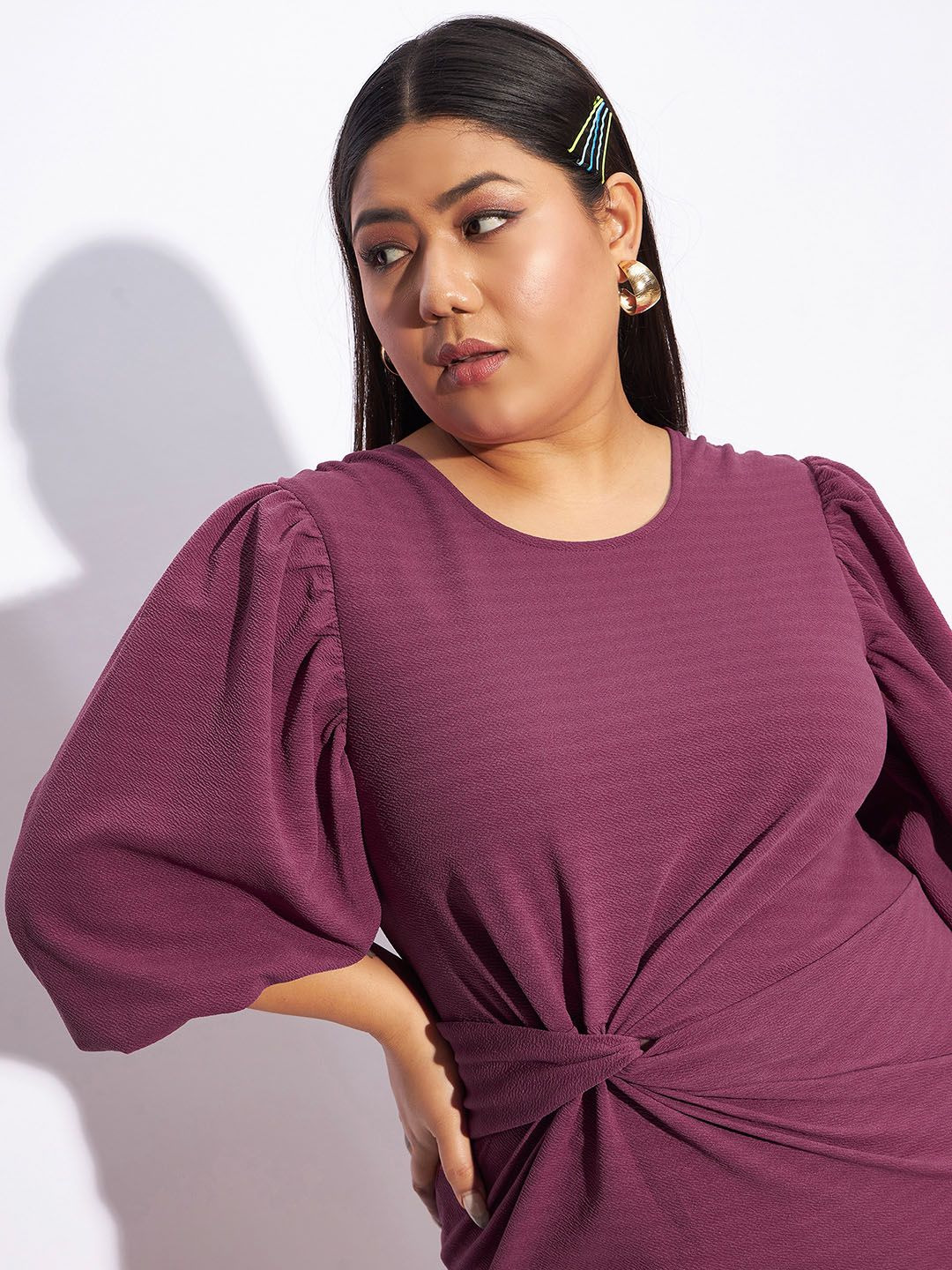 SASSAFRAS Curve Plus Size Puff Sleeve Sheath Dress