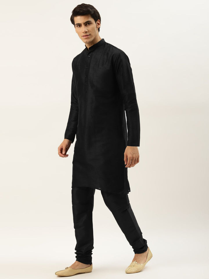 SOJANYA Men Black Solid Kurta with Churidar & Nehru Jacket