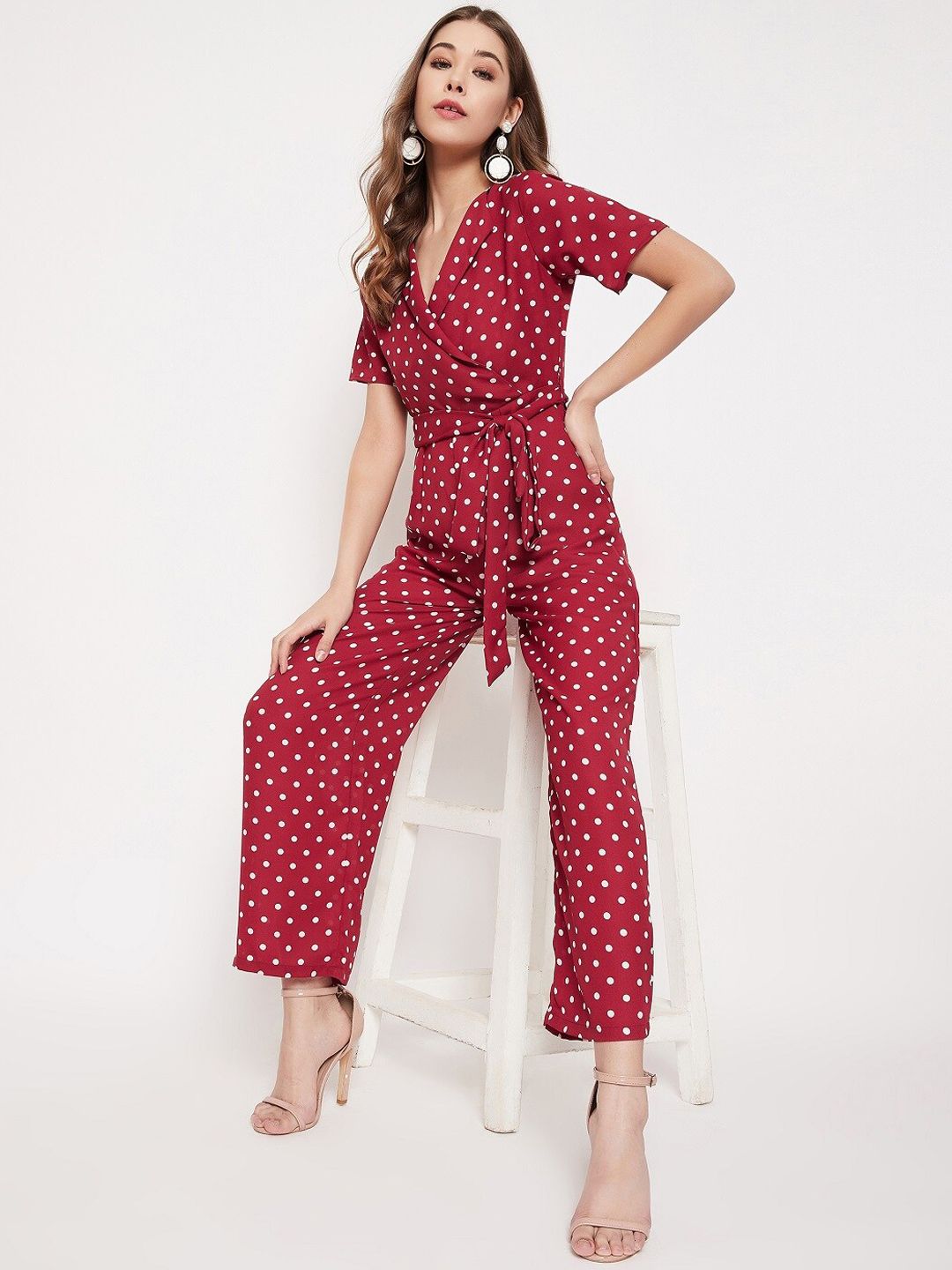 Berrylush Women Red & White Polka Dot Printed Basic Jumpsuit