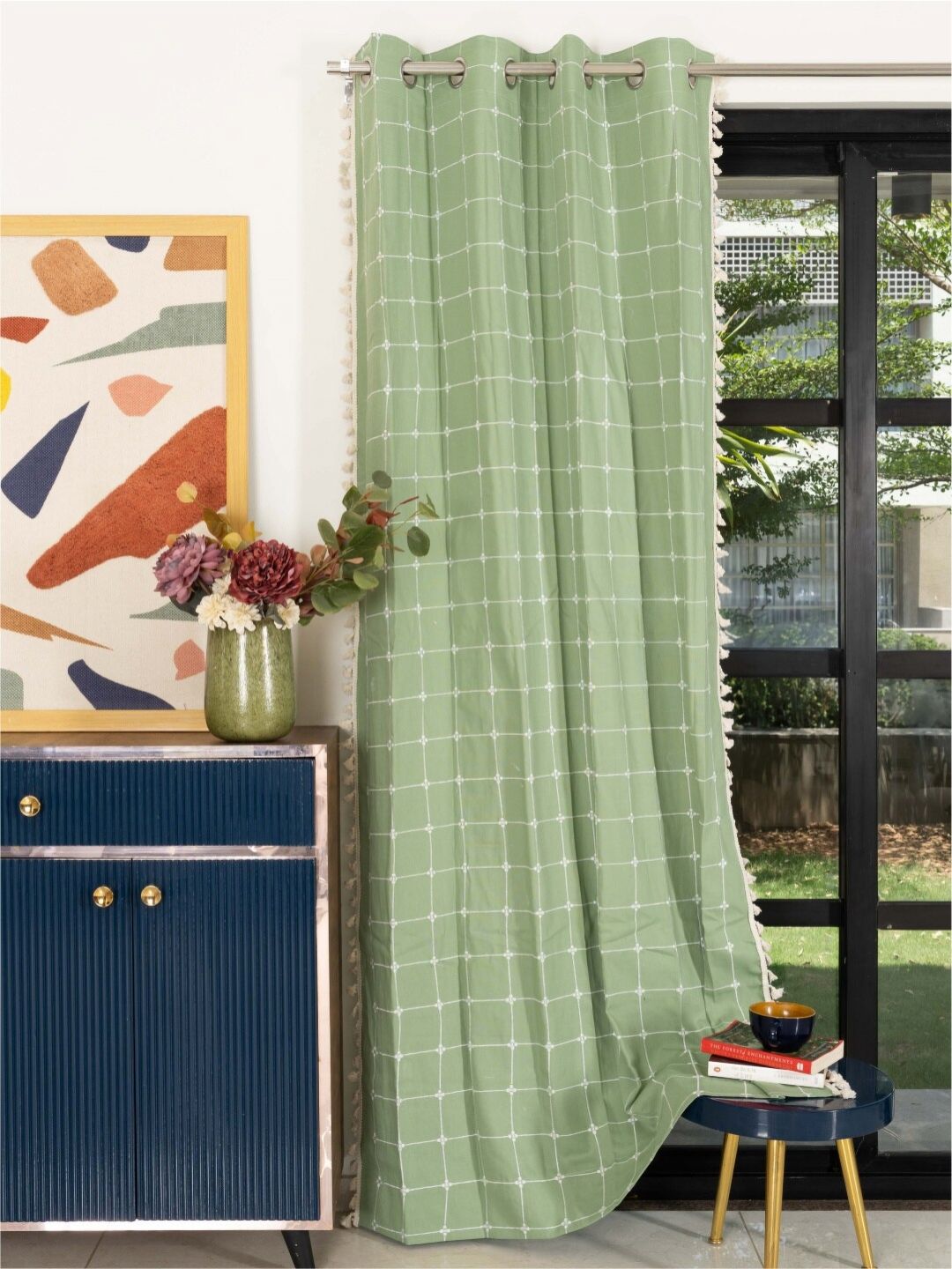 URBAN SPACE Green & White Embroidered Long Door Curtain