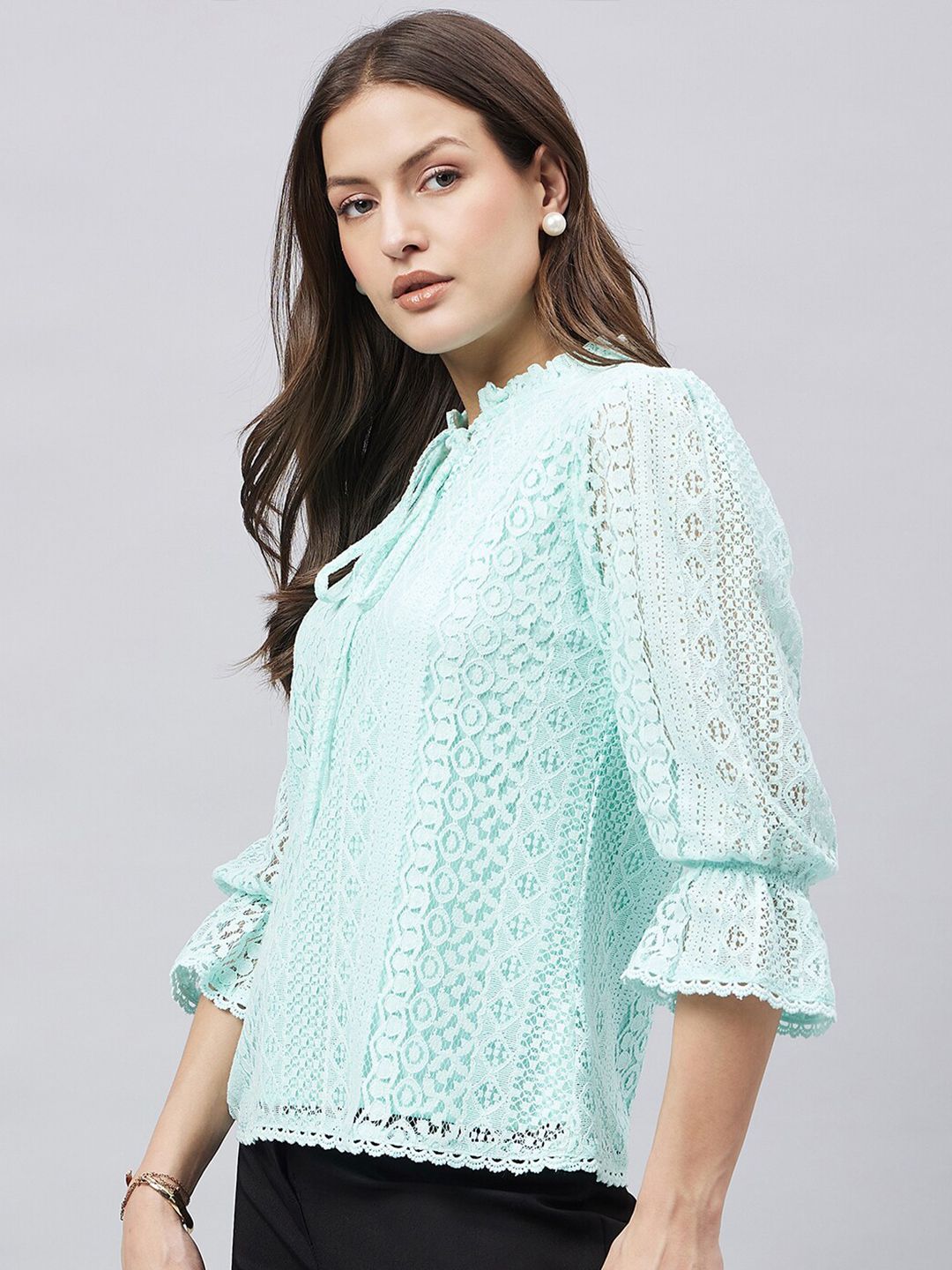 Style Quotient Tie-Up Neck Bell Sleeve Cotton Lace Top