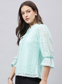 Style Quotient Tie-Up Neck Bell Sleeve Cotton Lace Top