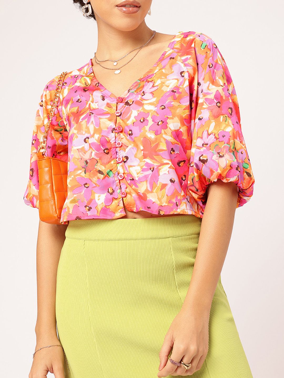 DressBerry Floral Paradise Print Puff Sleeve Shirt Style Crop Top