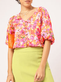 DressBerry Floral Paradise Print Puff Sleeve Shirt Style Crop Top