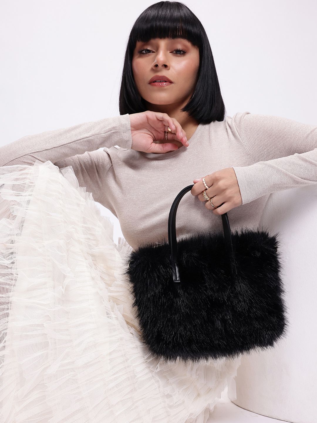 DressBerry Structured Handheld Bag With Fur