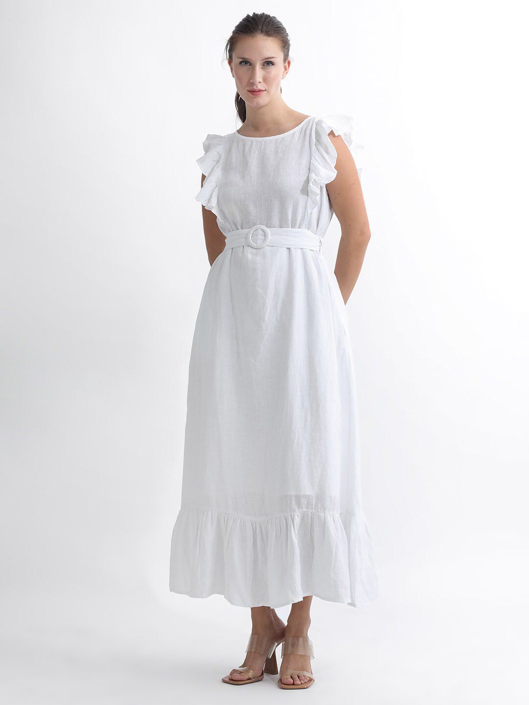 RAREISM Flutter Sleeve Linen A-Line Midi Dress
