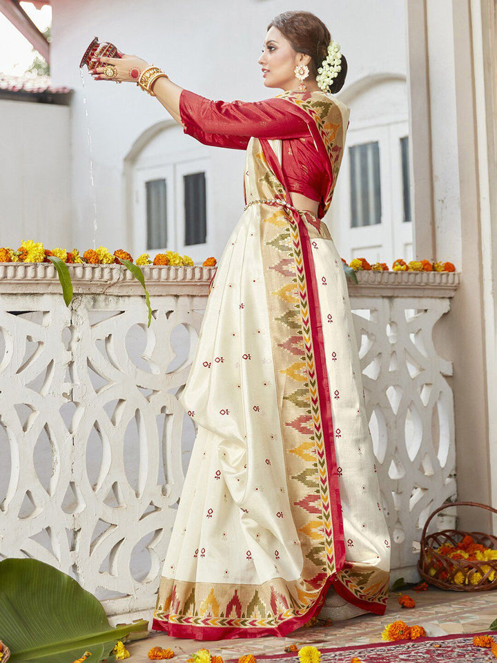 Saree mall Off White & Red Floral Zari Silk Blend Banarasi Sarees