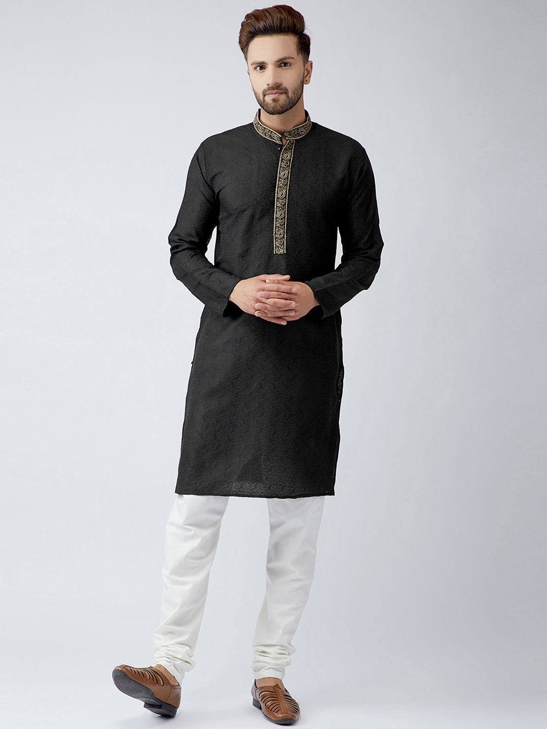 SOJANYA Men Black Embellished Straight Kurta