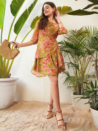 SASSAFRAS Green Floral Printed Puff Sleeve Ruched Georgette Sheath Dress