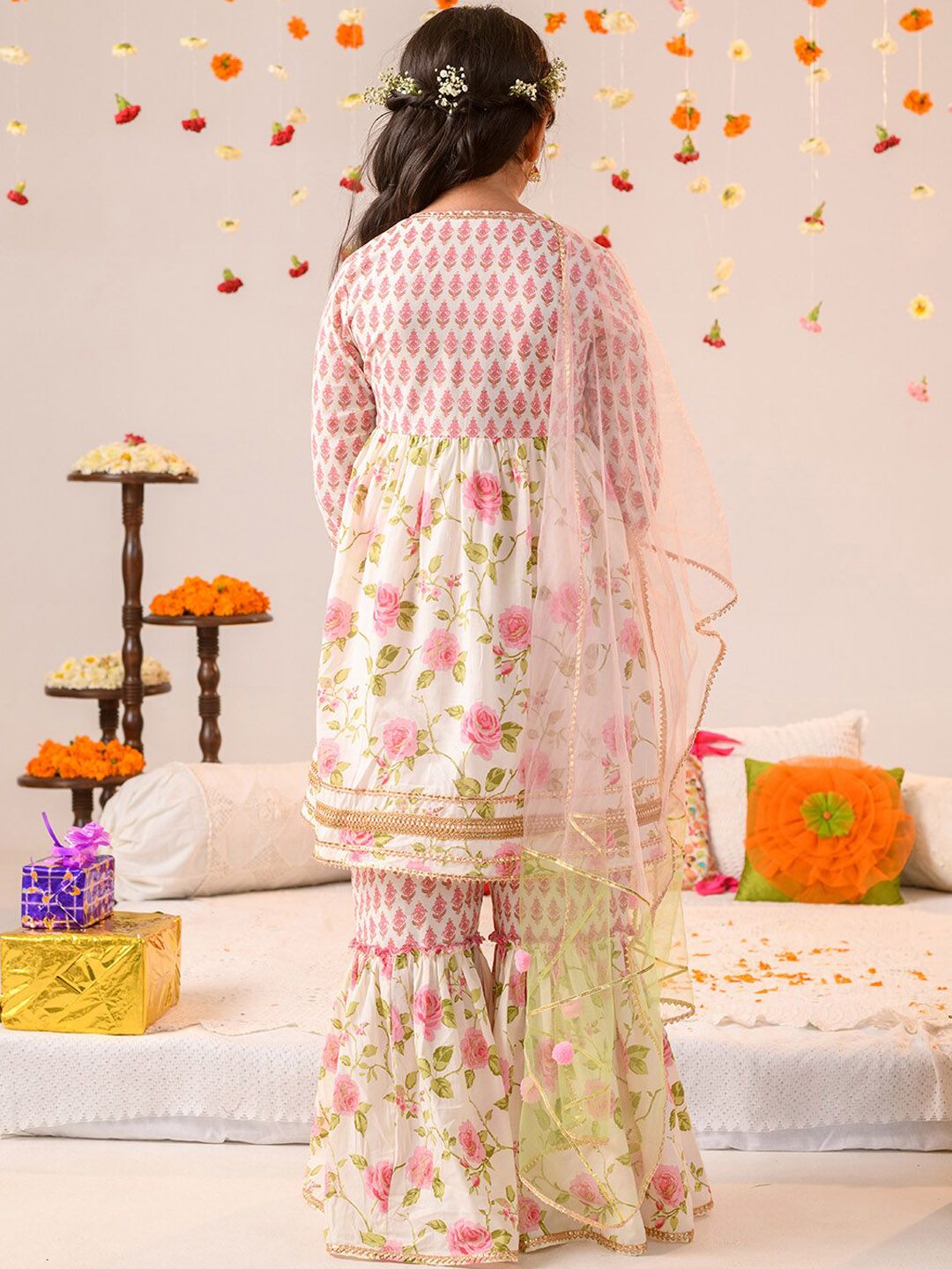 pspeaches Girls Floral Printed Angrakha Gotta Patti Cotton Kurti With Sharara & Dupatta