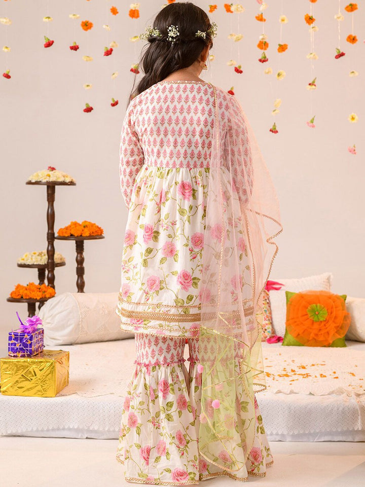 pspeaches Girls Floral Printed Angrakha Gotta Patti Cotton Kurti With Sharara & Dupatta