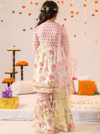 pspeaches Girls Floral Printed Angrakha Gotta Patti Cotton Kurti With Sharara & Dupatta