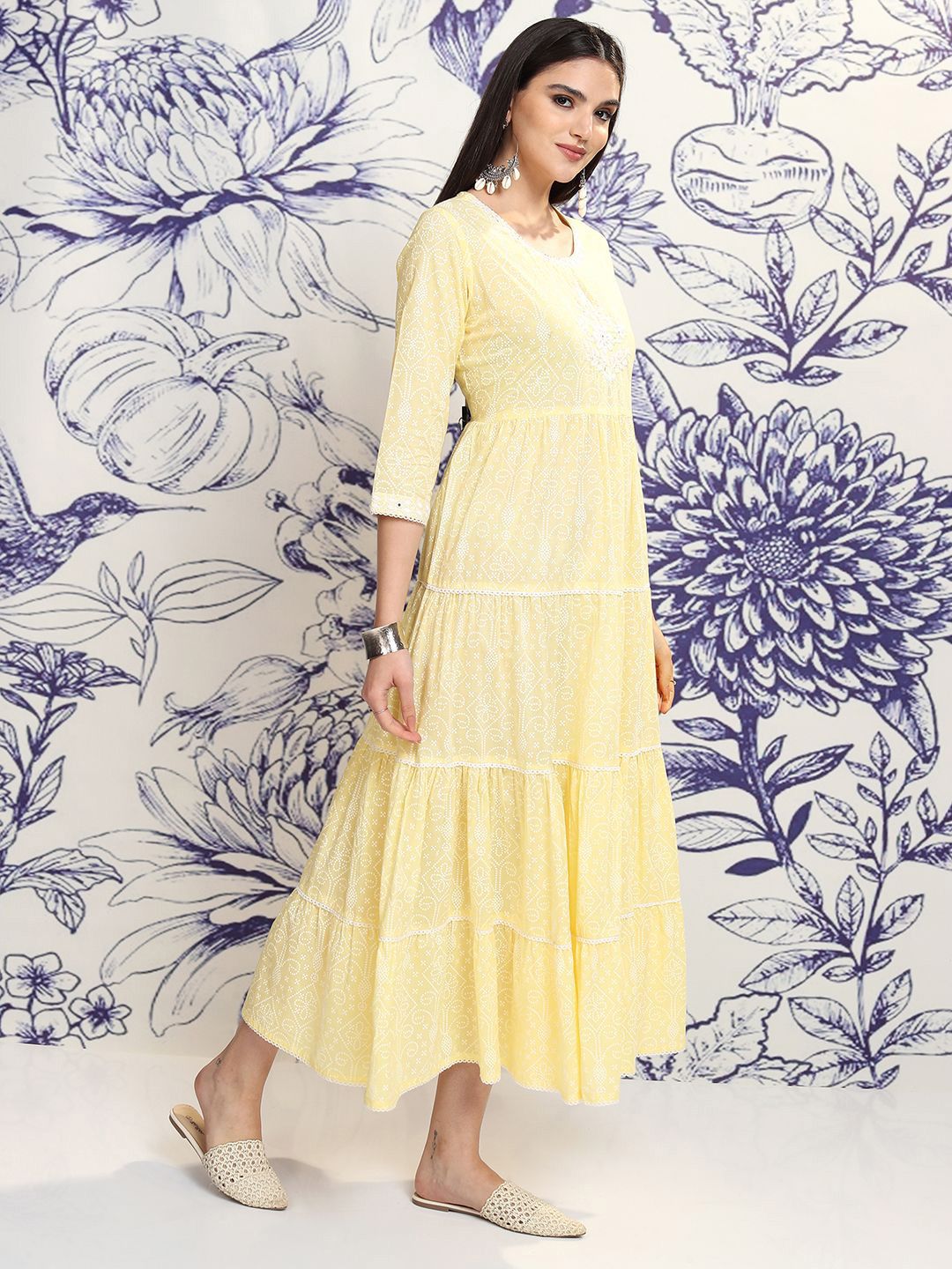 Vishudh Yellow Floral Embroidered Tiered Cotton Midi Fit & Flare Dress With Shrug