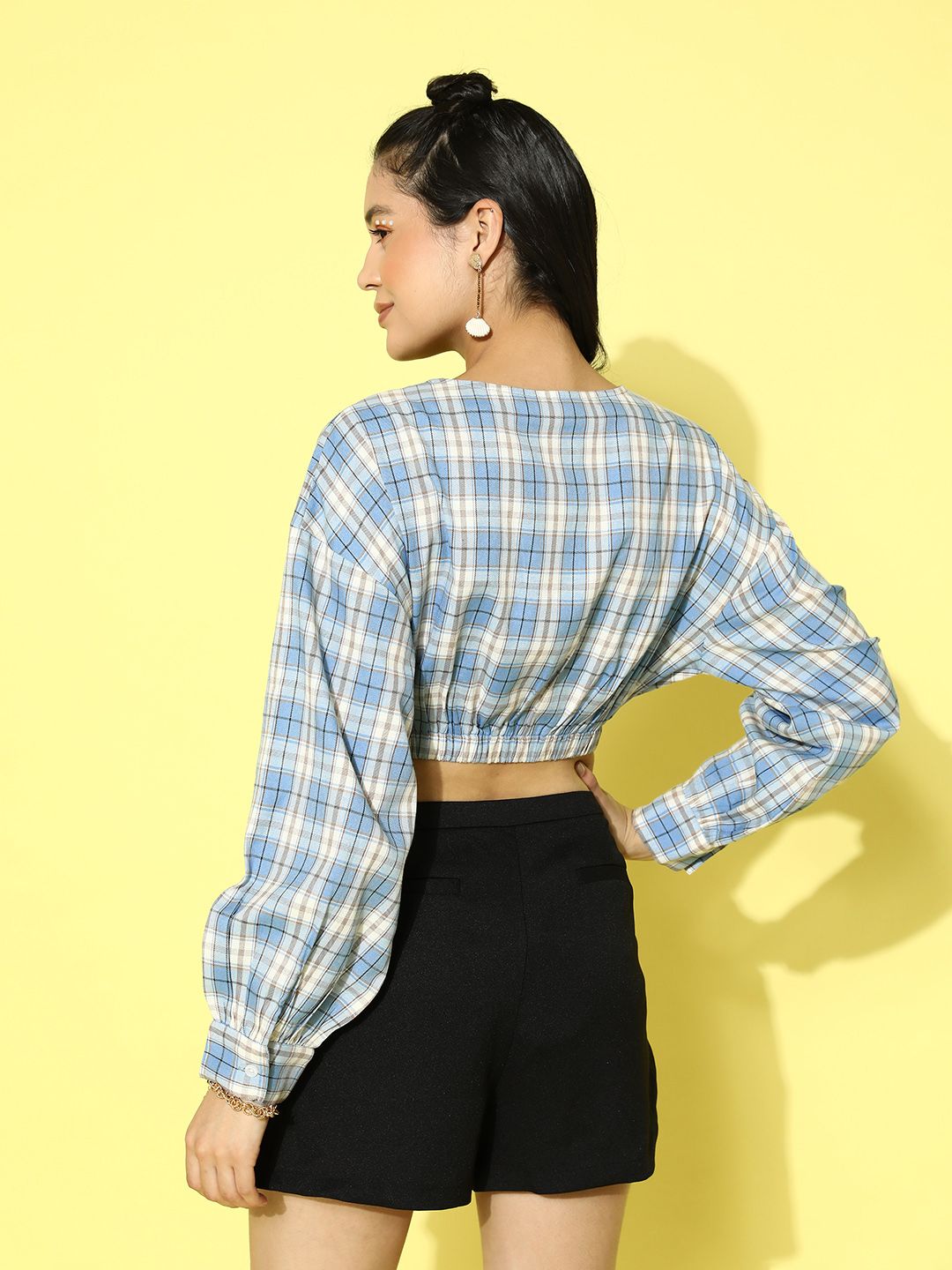 Berrylush Blue & Off White Checked Wrap Crop Top