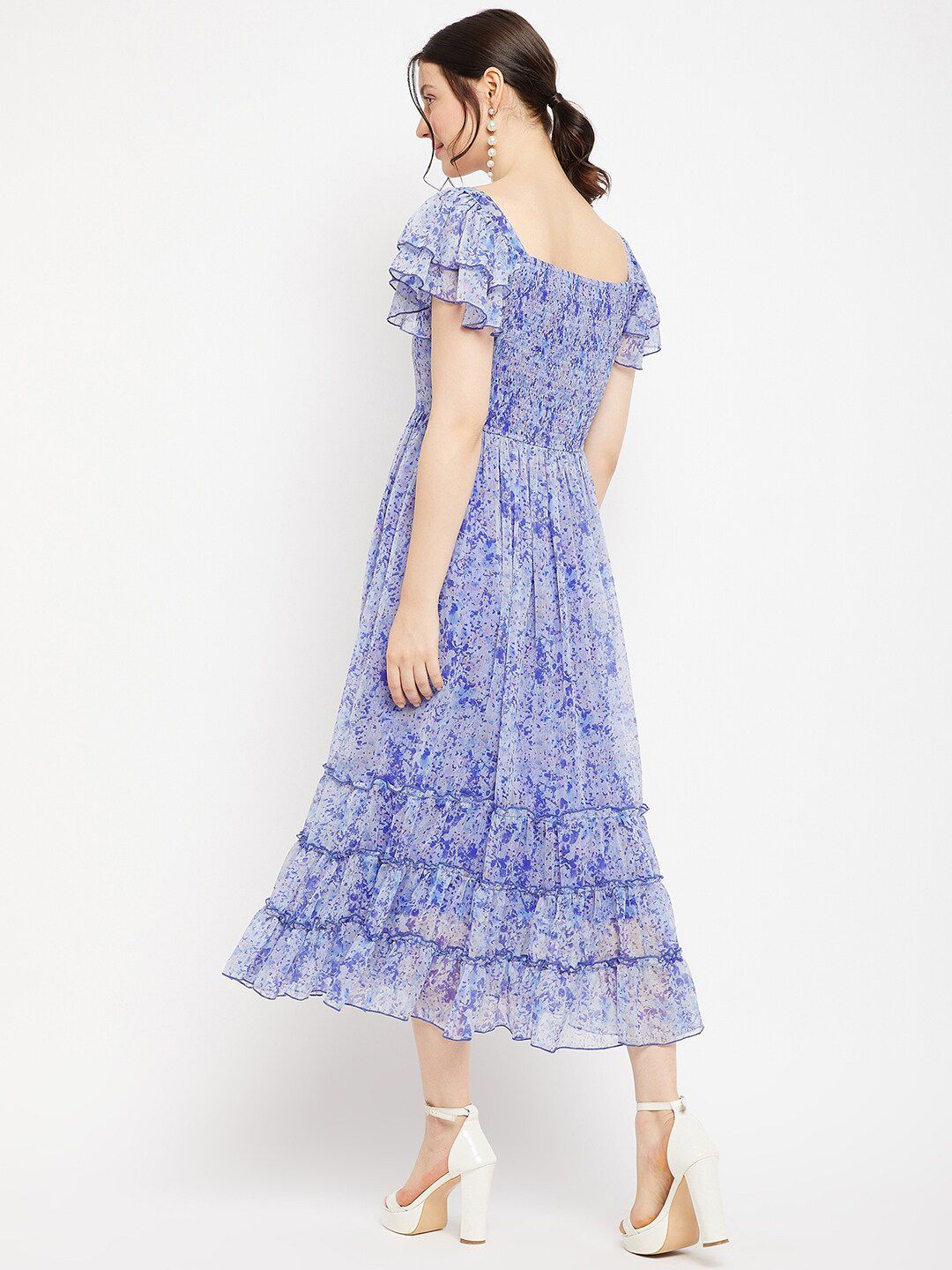 Antheaa Square Neck Abstract Printed Tiered Embellished Chiffon Fit & Flare Midi Dress