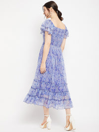 Antheaa Square Neck Abstract Printed Tiered Embellished Chiffon Fit & Flare Midi Dress