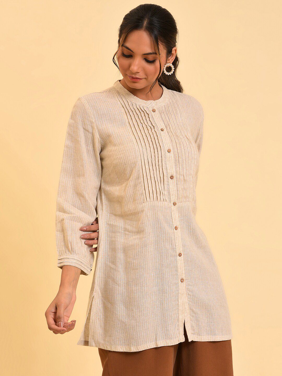 W Beige Mandarin Collar Shirt Style Top
