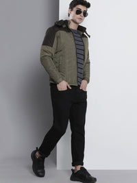 The Indian Garage Co Men Colourblock Zip-Front Slim Fit Bomber Jacket with Detachable Hood