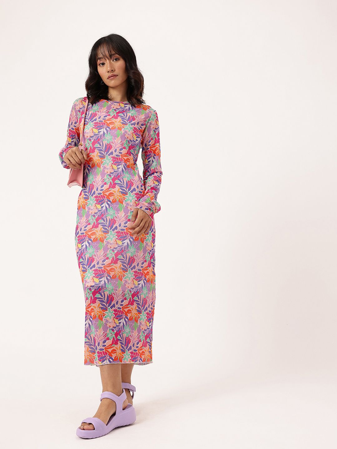 DressBerry Girly Glam Soft Net Floral Printed Sheath Midi Dress Comes With Inner Slip
