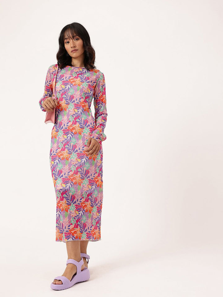 DressBerry Girly Glam Soft Net Floral Printed Sheath Midi Dress Comes With Inner Slip