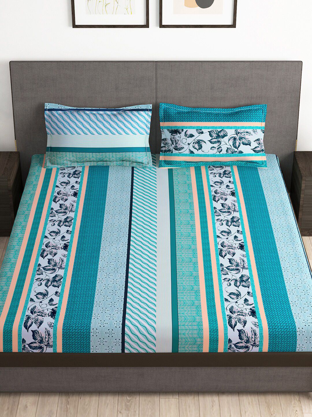 Story@home Tango Blue & Black Floral Microfiber King Bedsheet with 2 Pillow Covers