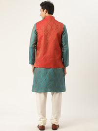 SOJANYA Kurta Motif Etnik Biru Teal & Merah Lelaki dengan Jaket Churidar & Nehru