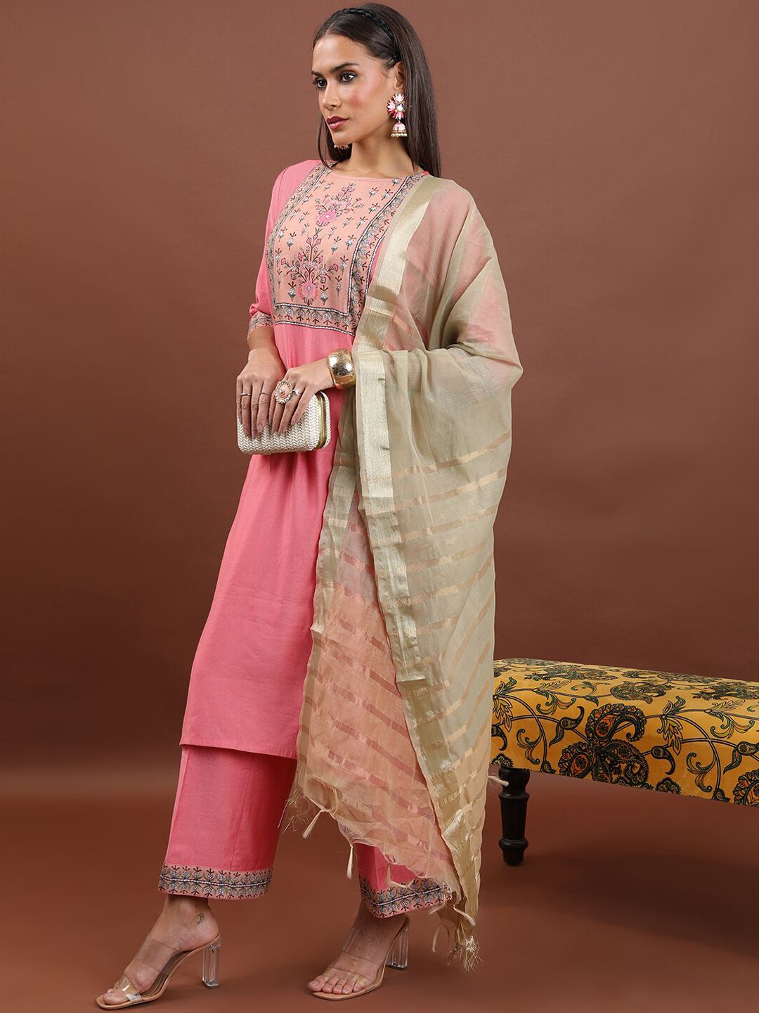 Vishudh Floral Yoke Design Regular Kurta with Palazzos & With Dupatta