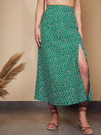 Berrylush Women Green Floral Printed High Rise Front Slit Midi Skirt