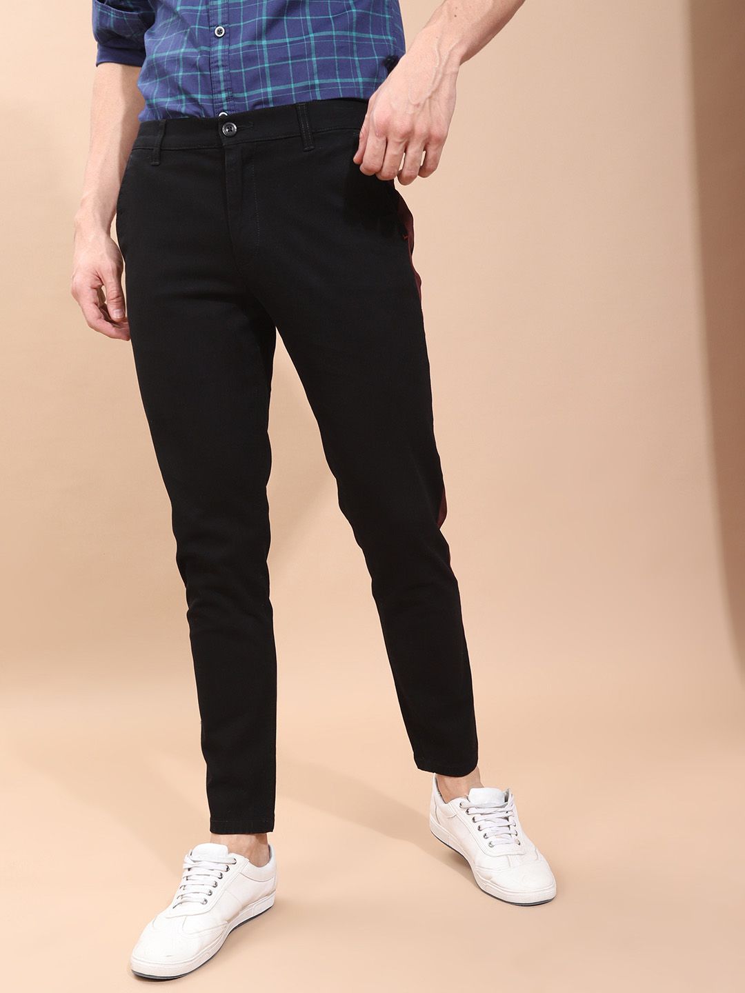 The Indian Garage Co Men Black Slim Fit Solid Chinos With Side Strip Detail