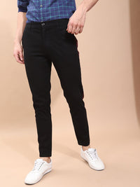 The Indian Garage Co Men Black Slim Fit Solid Chinos With Side Strip Detail