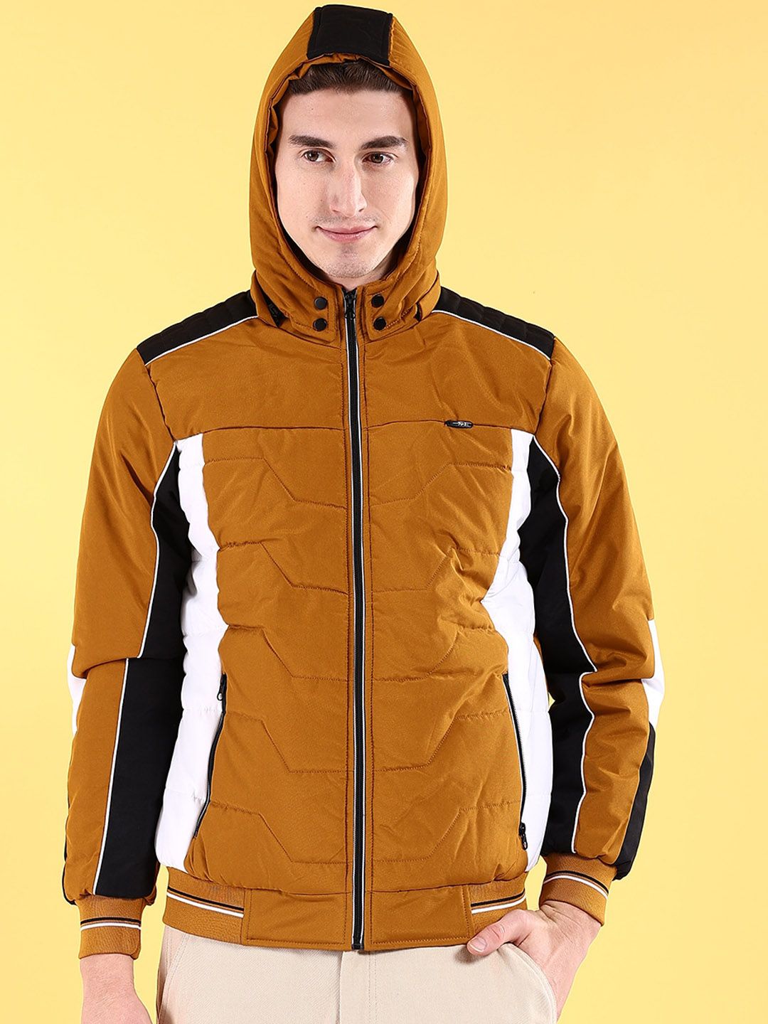 The Indian Garage Co Men Colourblocked Bomber Jacket with Hood