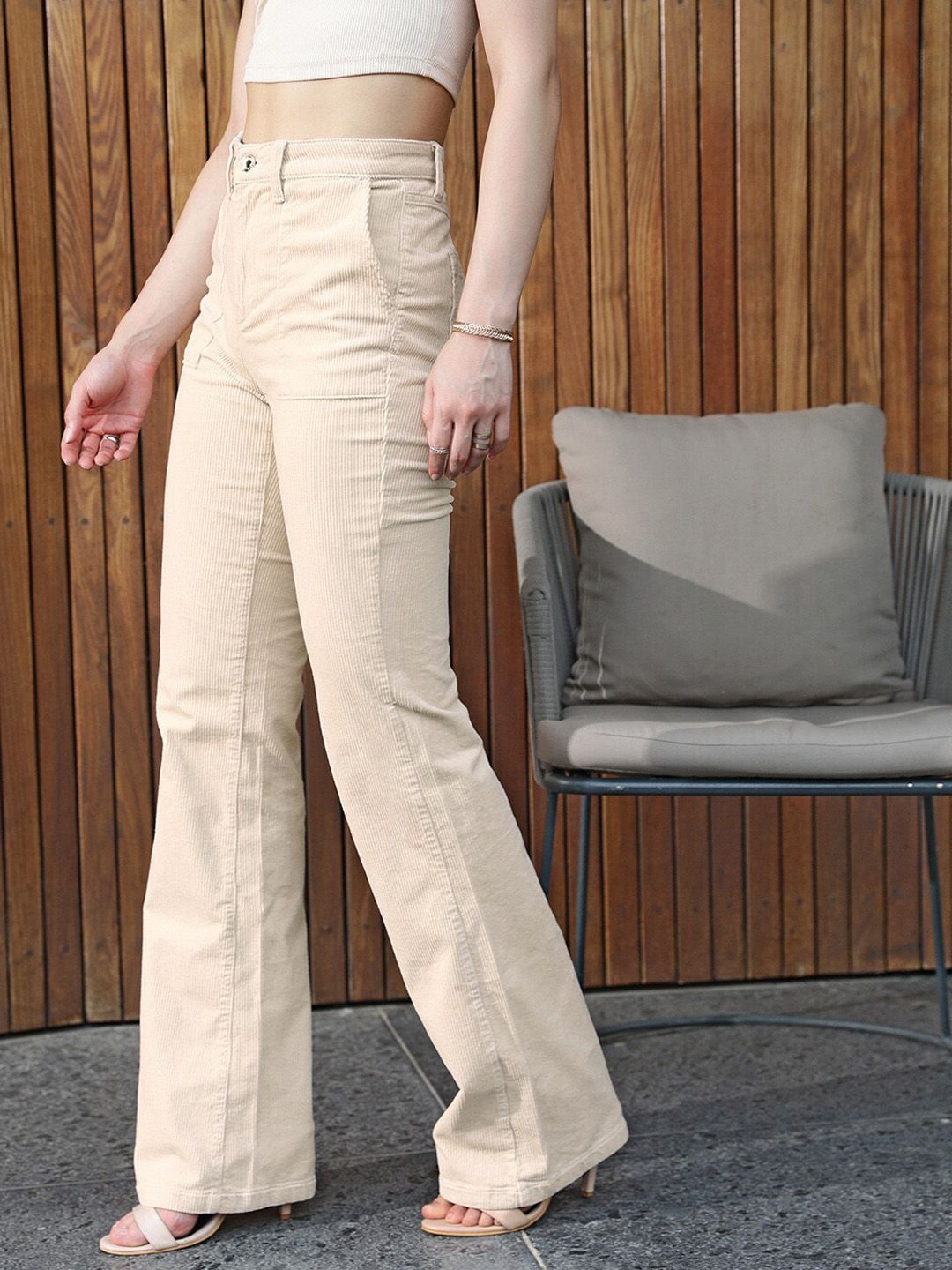 STREET 9 Women Cream-Coloured Loose Fit High-Rise Cotton Trousers